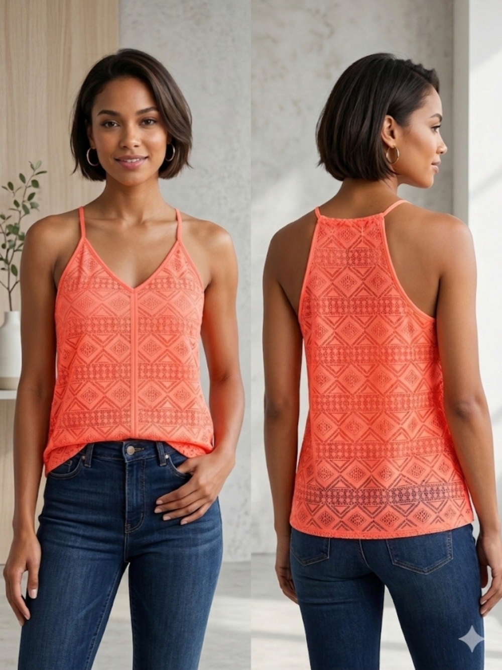 Top Fashion Of NY Neon Coral Lace-Pattern Overlay V-Neck Racerback Cami Small